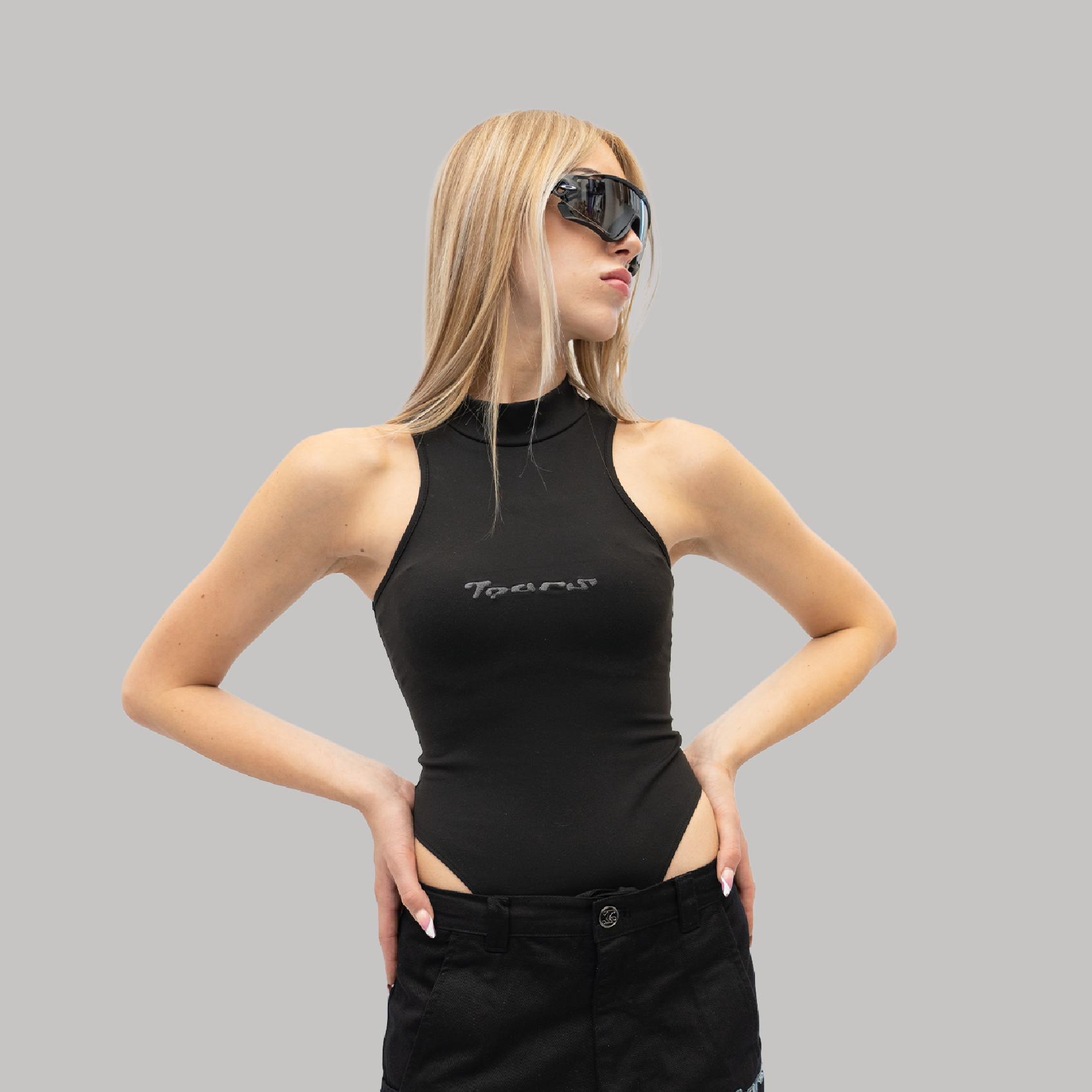 Black Exposed Waist Bodysuit Top